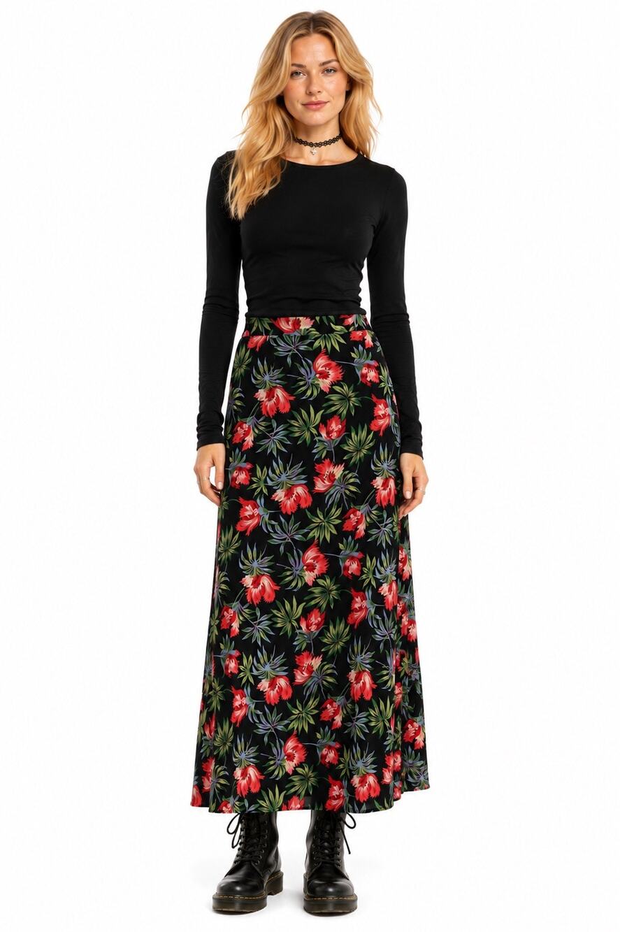Vintage ‘90s Sag Harbor Black Floral Print A-Line Maxi Skirt